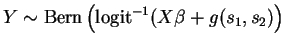 $Y\sim\mbox{Bern}\left(\mbox{logit}^{-1}(X\beta+g(s_{1},s_{2})\right)$