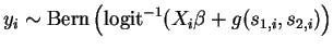 $y_{i}\sim\mbox{Bern}\left(\mbox{logit}^{-1}(X_{i}\beta+g(s_{1,i},s_{2,i})\right)$