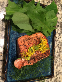 salmon with mustard flowers