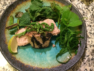tuna steak with yarrow and mugwort, cow parsnip stems, salad